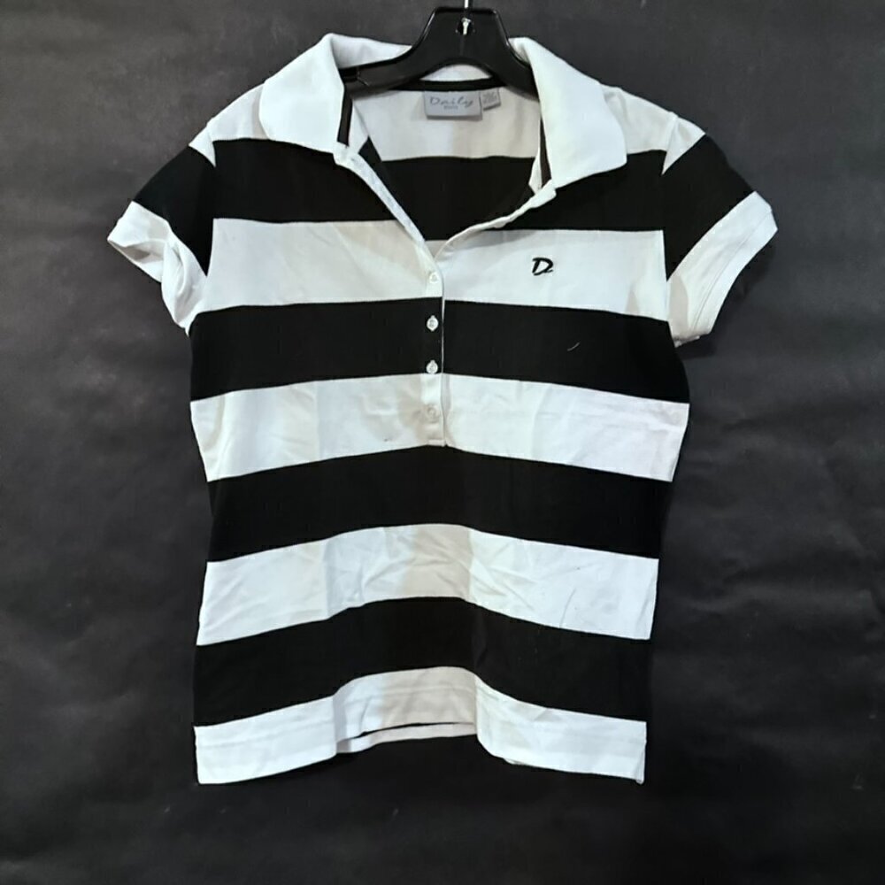 Dailey Sports  Black White Polo Shirt Size Large Stripes Athletic EUC